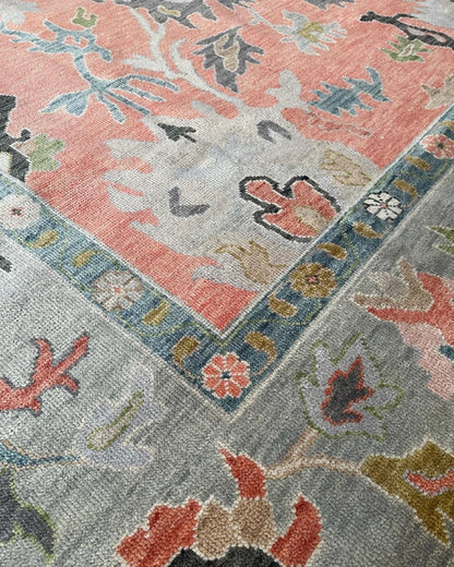 Low Pile Hand Knotted Floral Red Luxury Rug Oushak Rug Geometric Knotted Rug Bedroom, Living, Area Modern Oushak Rug/ Large Area/Muted Oushak Rug