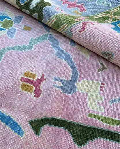 Low Pile Hand Knotted Floral Pink Luxury Rug Oushak Rug Geometric Knotted Rug Bedroom, Living, Area Modern Oushak Rug/ Large Area/Muted Oushak Rug