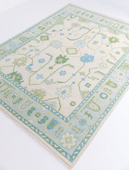 White Floral Shape Unique Abestract Green Accent Turkish Rug Knots Bedroom Rug For Living Room Bedroom- Low Pile Rug 5x8 6x9 7x10 8x10 9x12 10x14 Large Area Rug