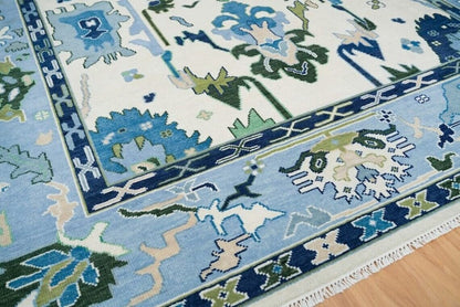 Low Pile Blue Oushak Rug 9x12 Floral Bright Rug persian rugs Living Room Hallway Rugs 100% Wool Rug 8X10, 9X12, 10X14, 12X15, 12X18 Made To Order