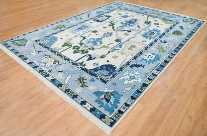 Low Pile Blue Oushak Rug 9x12 Floral Bright Rug persian rugs Living Room Hallway Rugs 100% Wool Rug 8X10, 9X12, 10X14, 12X15, 12X18 Made To Order