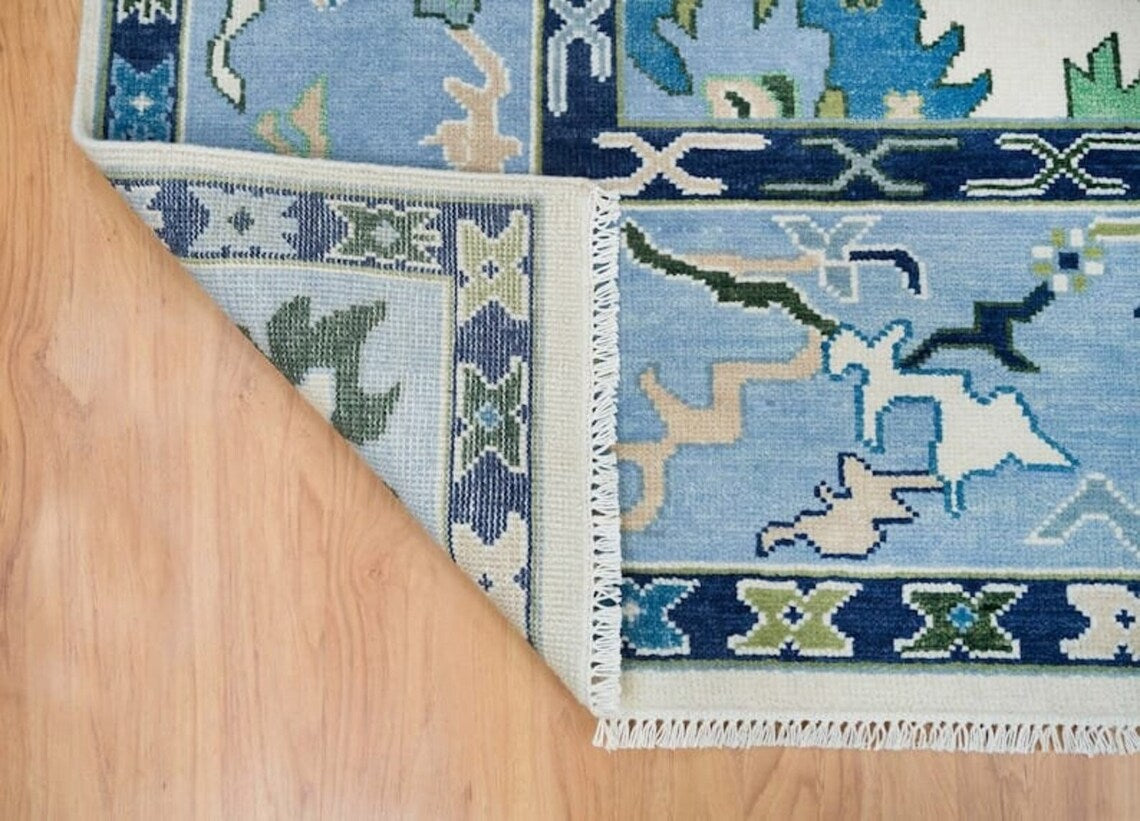 Low Pile Blue Oushak Rug 9x12 Floral Bright Rug persian rugs Living Room Hallway Rugs 100% Wool Rug 8X10, 9X12, 10X14, 12X15, 12X18 Made To Order