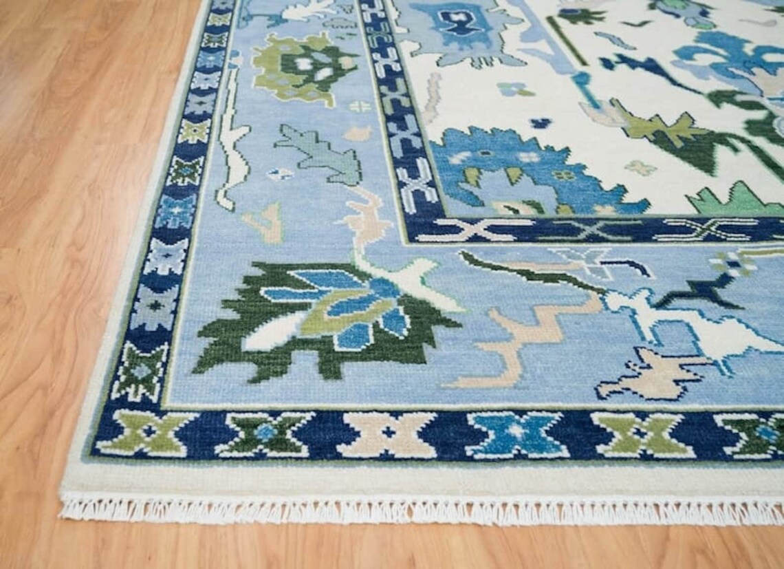 Low Pile Blue Oushak Rug 9x12 Floral Bright Rug persian rugs Living Room Hallway Rugs 100% Wool Rug 8X10, 9X12, 10X14, 12X15, 12X18 Made To Order