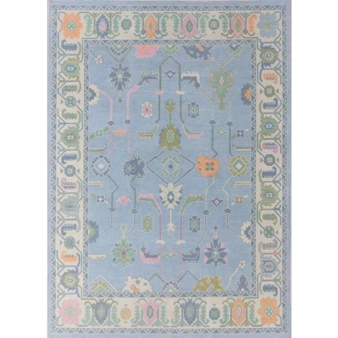 Low Pile Modern Hand knotted Oushak Rug in Shades of Blue & Green with Pops of Pink, 4' x 6' 9x12 Blue modern Green Oushak rug, oushak runner Orange