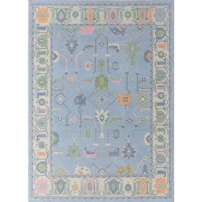 Low Pile Modern Hand knotted Oushak Rug in Shades of Blue & Green with Pops of Pink, 4' x 6' 9x12 Blue modern Green Oushak rug, oushak runner Orange