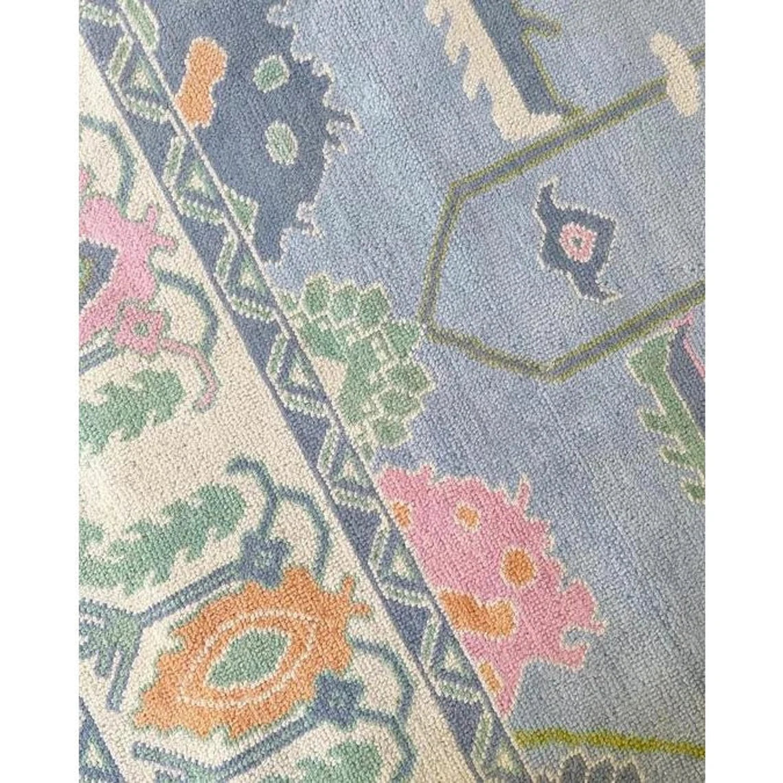 Low Pile Modern Hand knotted Oushak Rug in Shades of Blue & Green with Pops of Pink, 4' x 6' 9x12 Blue modern Green Oushak rug, oushak runner Orange