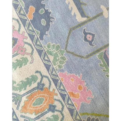 Low Pile Modern Hand knotted Oushak Rug in Shades of Blue & Green with Pops of Pink, 4' x 6' 9x12 Blue modern Green Oushak rug, oushak runner Orange