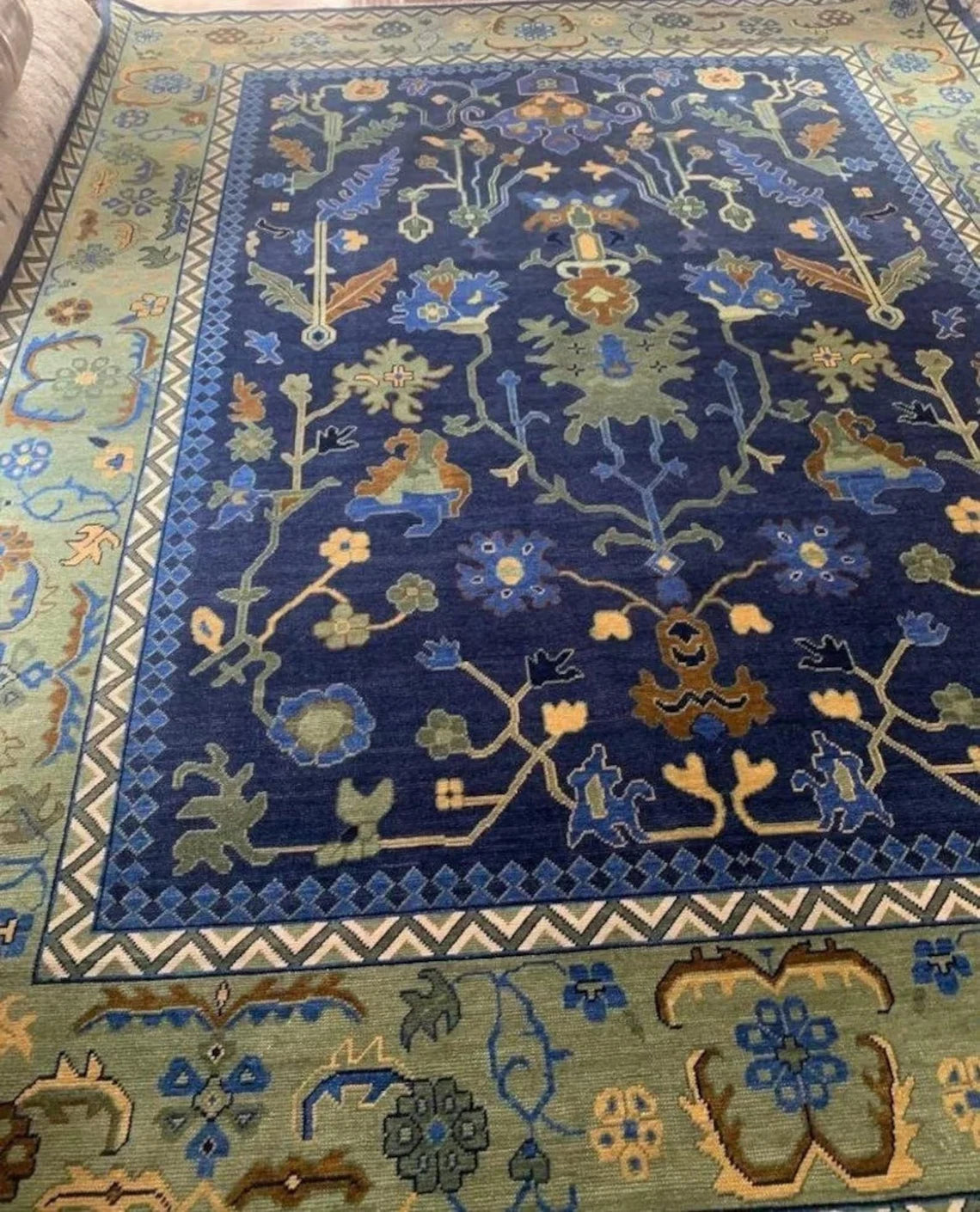 Low Pile Blue Contempory Hand Knotted Oushak Rug Carpet Floral Oushak Rug Rug Hallway Rugs 100% Wool Rug 8X10, 9X12, 10X14 12X15, 12X18 Made To Order