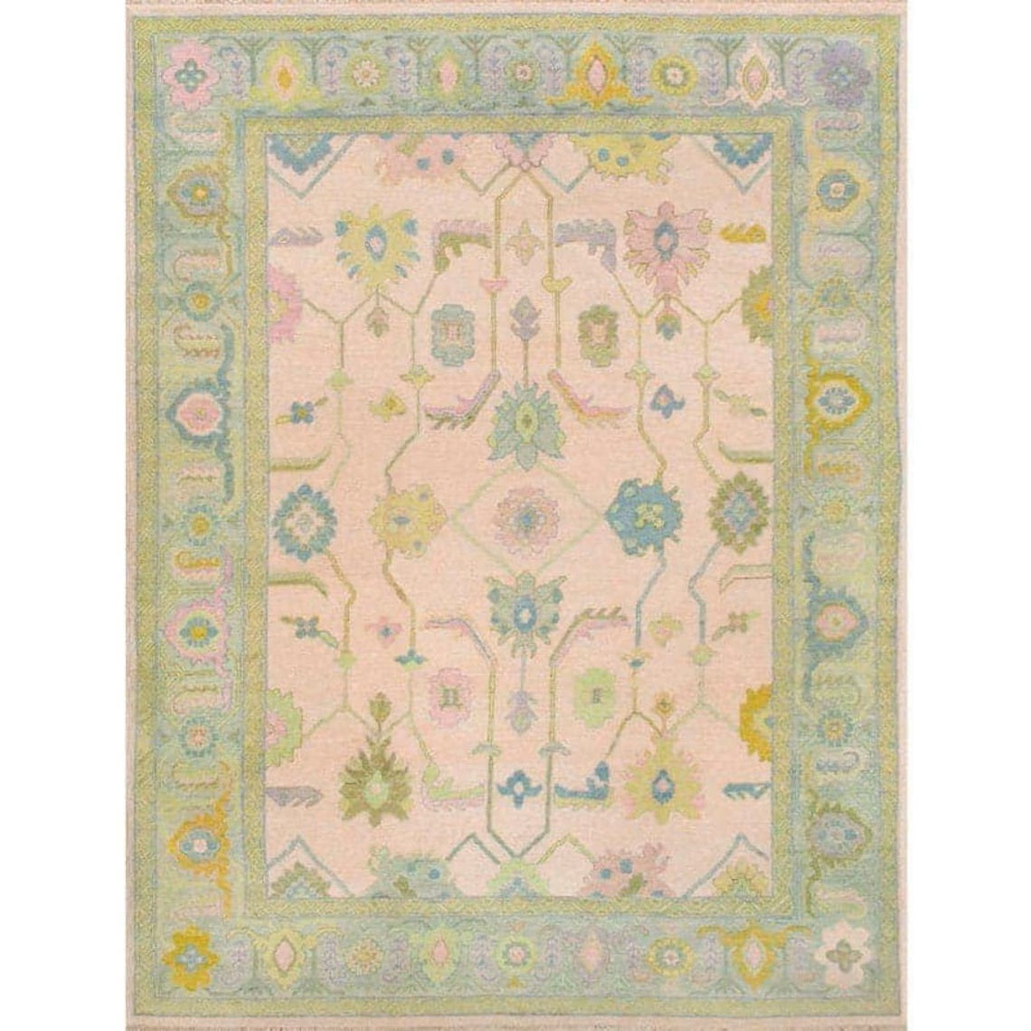 Pink Floral Shape Unique Abestract Green Accent Turkish Rug Knots Bedroom Rug For Living Room Bedroom- Low Pile Rug 5x8 6x9 7x10 8x10 9x12 10x14 Large Area Rug