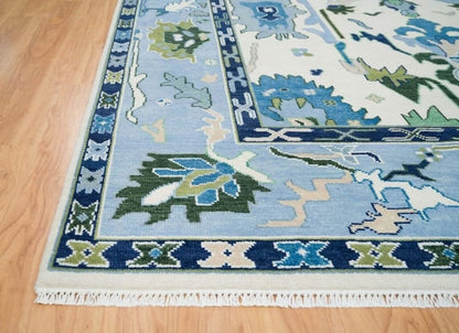 Low Pile Blue Oushak Rug 9x12 Floral Bright Rug persian rugs Living Room Hallway Rugs 100% Wool Rug 8X10, 9X12, 10X14, 12X15, 12X18 Made To Order