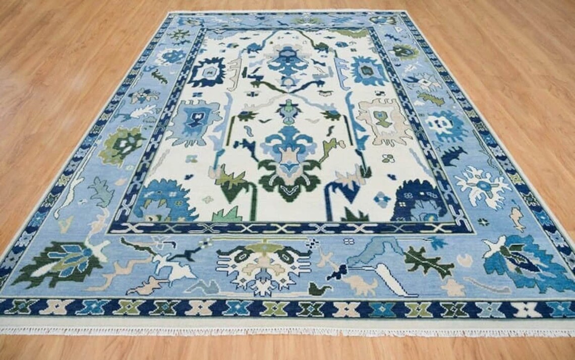 Low Pile Blue Oushak Rug 9x12 Floral Bright Rug persian rugs Living Room Hallway Rugs 100% Wool Rug 8X10, 9X12, 10X14, 12X15, 12X18 Made To Order