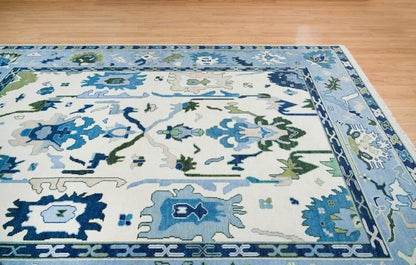 Low Pile Blue Oushak Rug 9x12 Floral Bright Rug persian rugs Living Room Hallway Rugs 100% Wool Rug 8X10, 9X12, 10X14, 12X15, 12X18 Made To Order