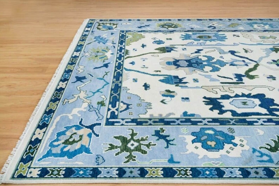 Low Pile Blue Oushak Rug 9x12 Floral Bright Rug persian rugs Living Room Hallway Rugs 100% Wool Rug 8X10, 9X12, 10X14, 12X15, 12X18 Made To Order