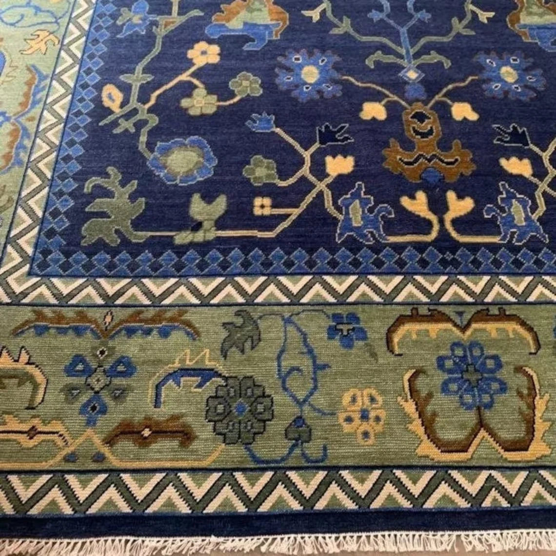 Low Pile Blue Contempory Hand Knotted Oushak Rug Carpet Floral Oushak Rug Rug Hallway Rugs 100% Wool Rug 8X10, 9X12, 10X14 12X15, 12X18 Made To Order