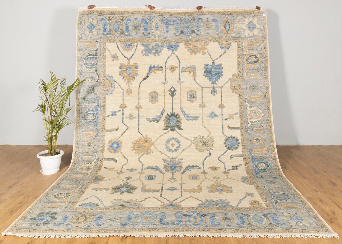 Beige 8x10, 9x12 Area Rug Oushak Rug Hand Knotted Wool Rug Contempory Oushak Rug Hand Knotted Wool Rug Abstrect Rug Hand Made Rug 100% Wool Low Pile