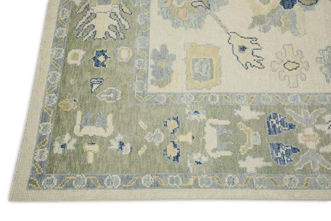 Lite Gray Border Green Accent Oushak Rug 8x10 Area Low Pile Rug Turkish Rug Knots Bedroom Rug For Living Room Bedroom 5x8 6x9 8x10 9x12 10x14 12x15