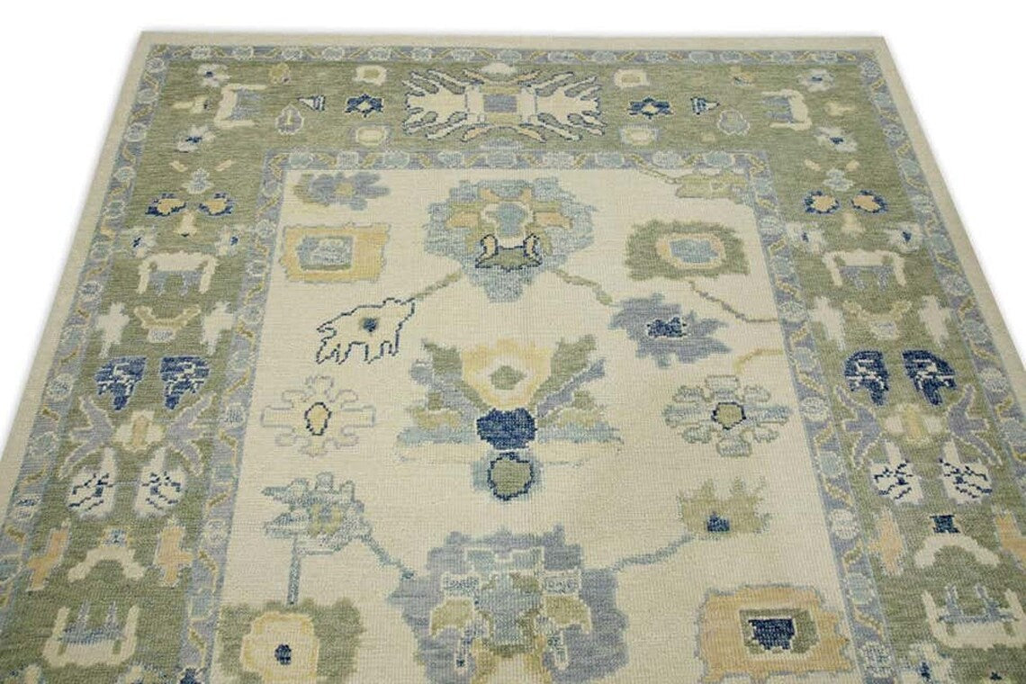 Lite Gray Border Green Accent Oushak Rug 8x10 Area Low Pile Rug Turkish Rug Knots Bedroom Rug For Living Room Bedroom 5x8 6x9 8x10 9x12 10x14 12x15