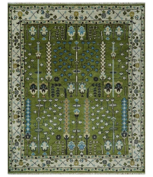 Low Pile Antique 6x9, 8x10, 9x12,10x14 Hand Knotted Green Moss And Blue TradItional Turkish Vintage Oushak Wool Rug hallway rug living room rug