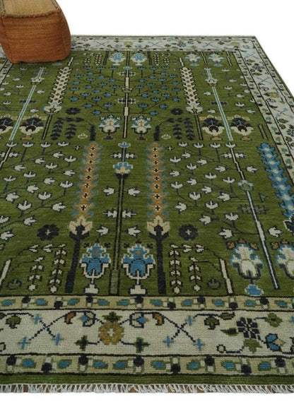 Low Pile Antique 6x9, 8x10, 9x12,10x14 Hand Knotted Green Moss And Blue TradItional Turkish Vintage Oushak Wool Rug hallway rug living room rug