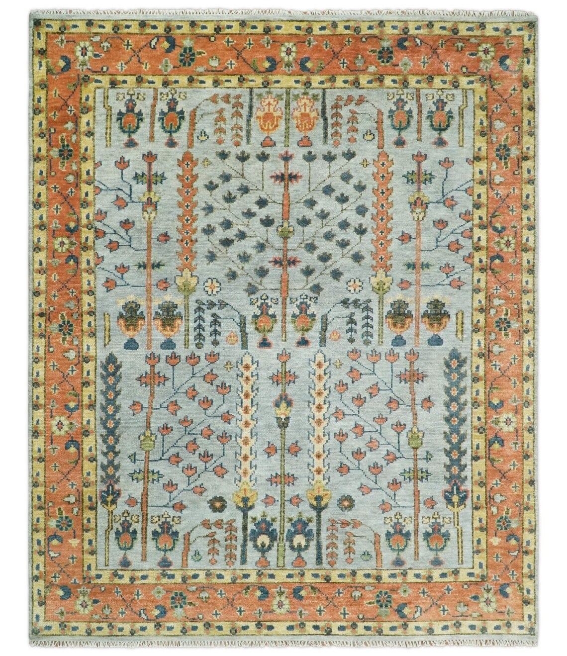 Low Pile Hand Knottedd Rust And Blue Traditional Turkish Vintage Multi Size 6X9 7X10 8X10 9X12 Large Area Rug Hand Woven Rugs Bedroom Living Room