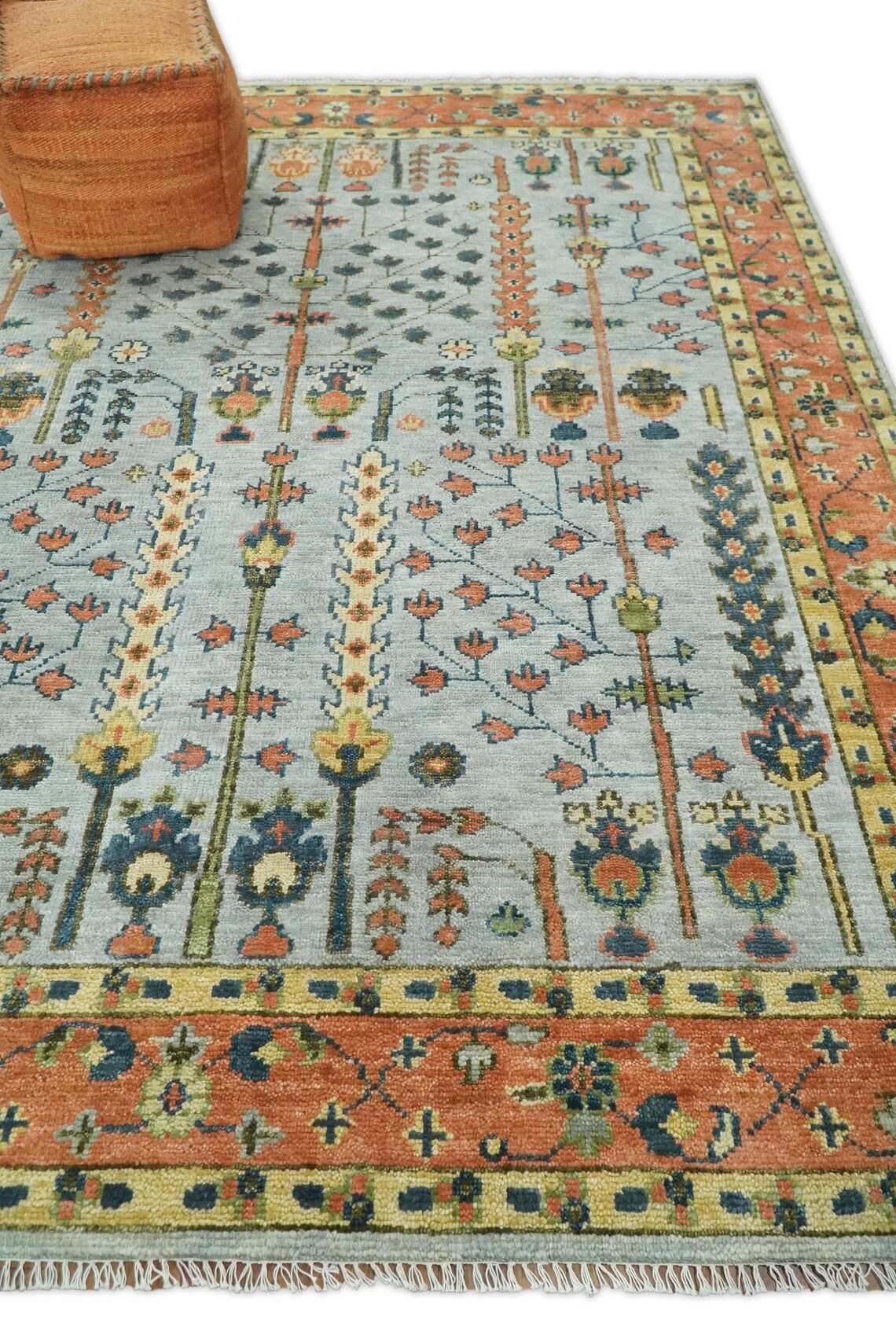 Low Pile Hand Knottedd Rust And Blue Traditional Turkish Vintage Multi Size 6X9 7X10 8X10 9X12 Large Area Rug Hand Woven Rugs Bedroom Living Room