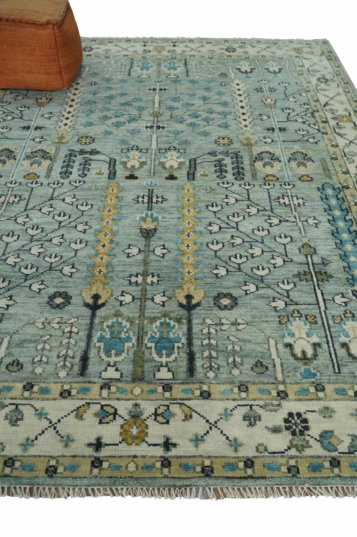 Antique Hand Knotted Green Moss And Ivory Traditional Turkish Vintage Oushak Custom Made Wool Area Low Pile Rug 6X9 7X10 8X10 9X12 Large Area Rug