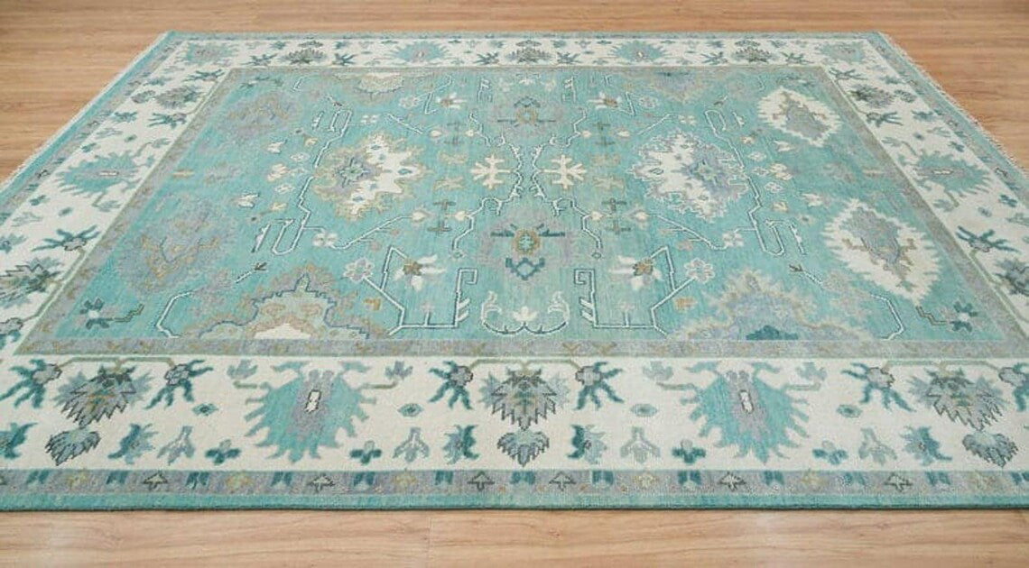 Low Pile 8X10 Light Green Area Rug Oushak Rug 9X12 Hand Knotted Rug Abstrect Rug Soft Pile Premium Wool Hand Knotted Turkish Inspired, Customize