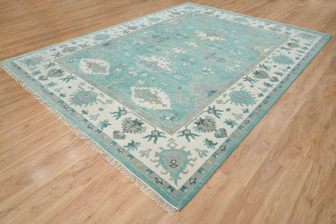 Low Pile 8X10 Light Green Area Rug Oushak Rug 9X12 Hand Knotted Rug Abstrect Rug Soft Pile Premium Wool Hand Knotted Turkish Inspired, Customize